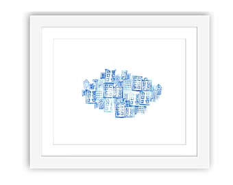 Abstract City Lino Block Collage Illustration - Print and Framed - New York City Illustration in Blue