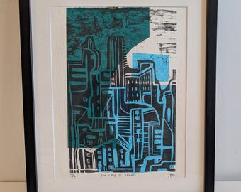 Framed Woodblock Print: Abstract Cityscape Chine Colle on Paper