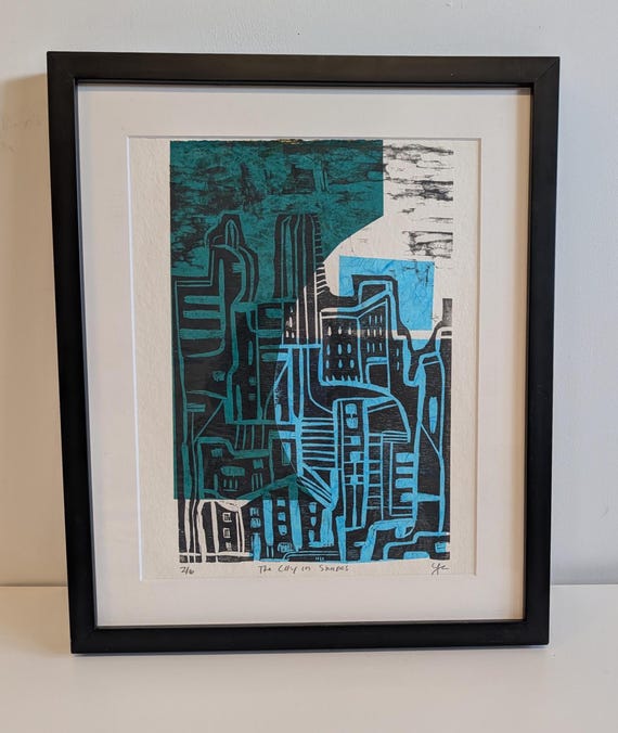 Framed Woodblock Print: Abstract Cityscape Chine Colle on Paper