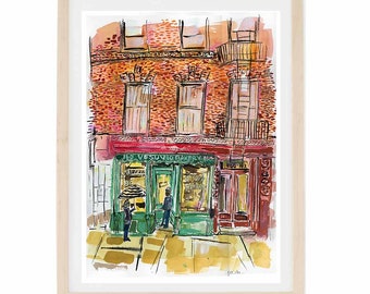 Vesuvio Bakery - Print and Framed -  Watercolor New York City Urban Sketch  SoHo