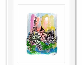 Print and Framed - France Vintage Eiffel Tower Watercolor - Illustration Paris Painting Midcentury Vintage Travel Posters