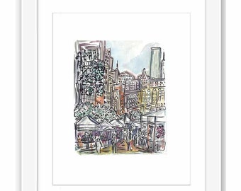 Print and Framed - Print Union Square Farmer's Market, New York City, Greenwich Village, Manhattan, Urban Sketch, Urban Watercolor