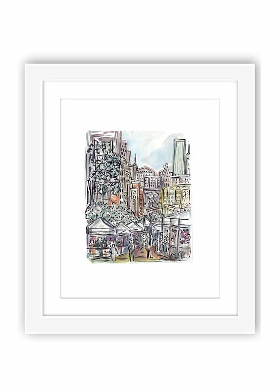 Print and Framed - Print Union Square Farmer's Market, New York City, Greenwich Village, Manhattan, Urban Sketch, Urban Watercolor