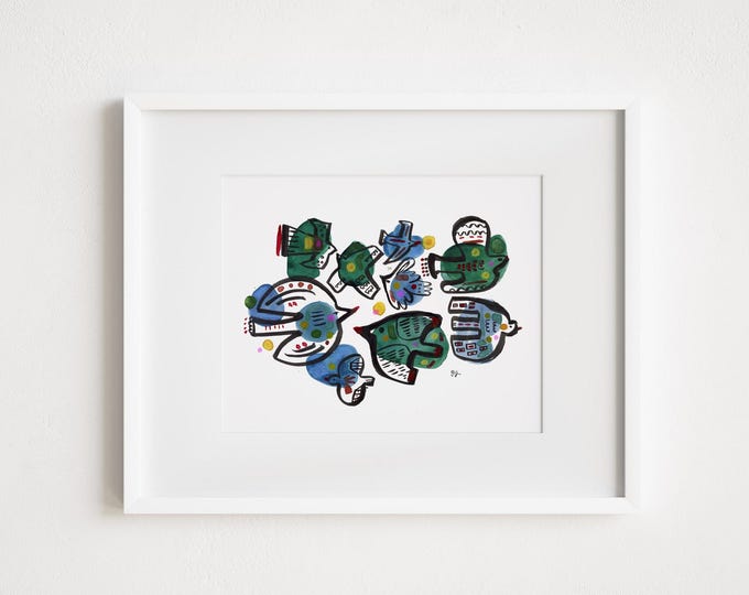Mid-Century Inspired Folk Art Watercolor Birds - Print and Framed - Retro Minimal Zen Illustration