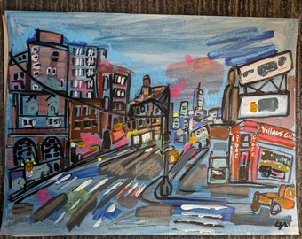 Original 18 x 24  New York City Drawing & Painting -  Crossing 7th Avenue Looking South- Mixed Media Ink and Watercolor on Paper