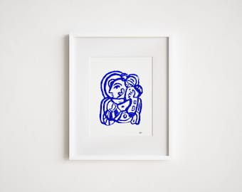 Abstract Blue Self Portrait Print - Mid-Century Modern Art