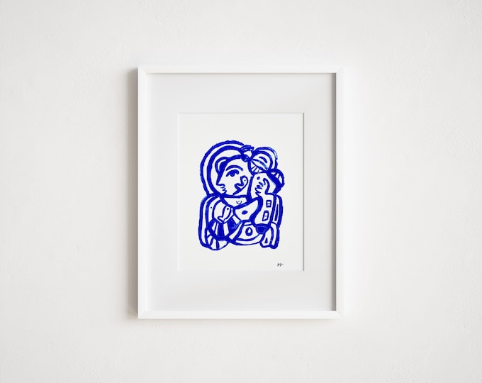 Abstract Blue Self Portrait Print - Mid-Century Modern Art