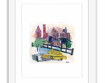 NYC Taxi Watercolor Print: Urban Sketch Collage (Framed Option)