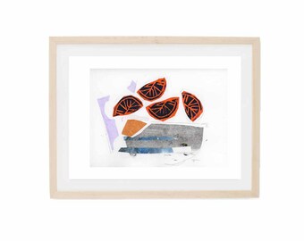 Print of Abstract Bowl of Fruit - Abstract Watercolor Collage Ink Midcentury Swedish Design