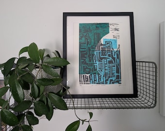 Framed Woodblock Print: Abstract Cityscape Chine Colle on Paper