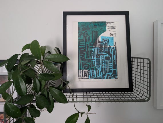 Framed Original Woodblock Chine Colle Print  - The City in Shapes 2/6 - Printmaking on Paper - Abstract Illustrative City in Shapes