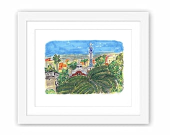 Barcelona Park Guell - Print and Framed - Illustration Spain Travel Places Gaudi City Watercolors