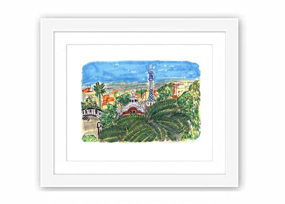 Barcelona Park Guell - Print and Framed - Illustration Spain Travel Places Gaudi City Watercolors