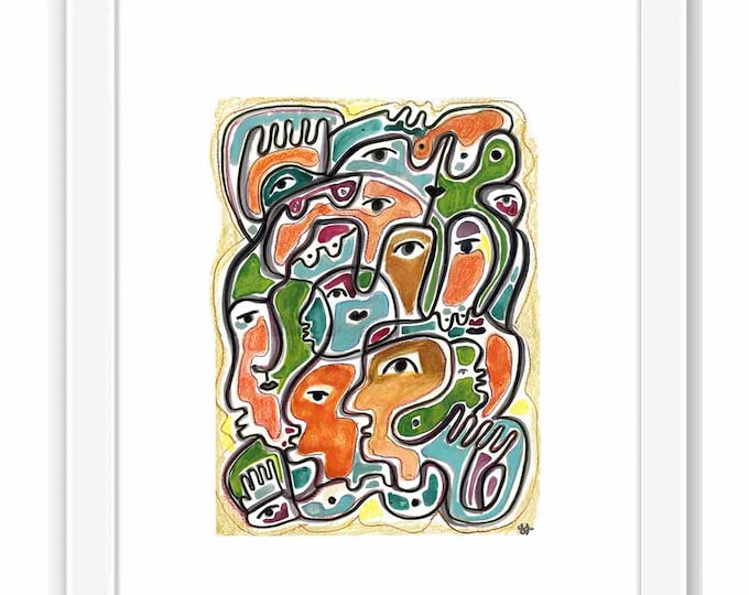 Abstract Faces Watercolor Print: Mid-Century Modern Art