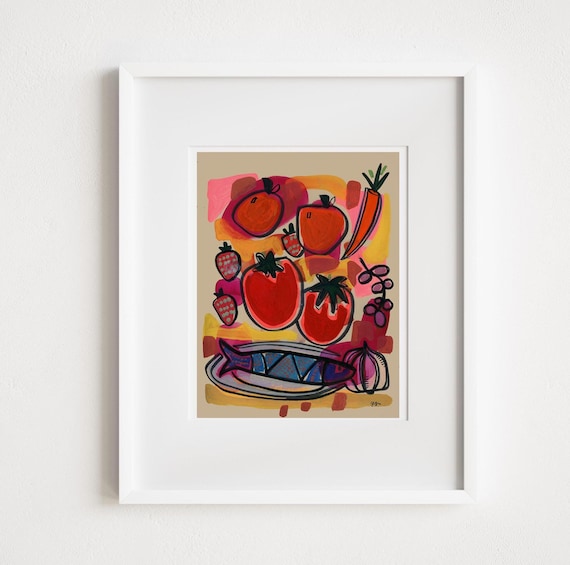 Mid-Century Inspired Folk Art Fish and Tomatoes - Retro Watercolor Line Art Illustration - Print and Framed