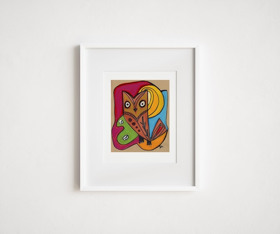 Mid-Century Inspired Vintage Owl - Print & Framed - Illustrative Folk Art Retro Style