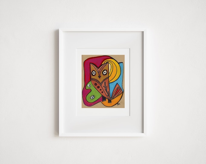 Mid-Century Inspired Vintage Owl - Print & Framed - Illustrative Folk Art Retro Style