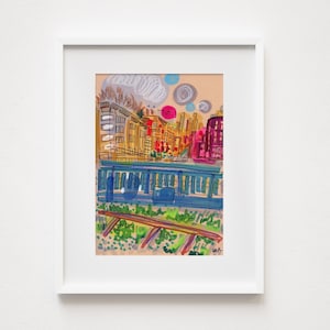 May include: A colorful illustration of a city scene with buildings, a train track, and a train. The buildings are drawn in a cartoon style with bright colors and details. The train track is in the foreground and the train is blue with white windows.