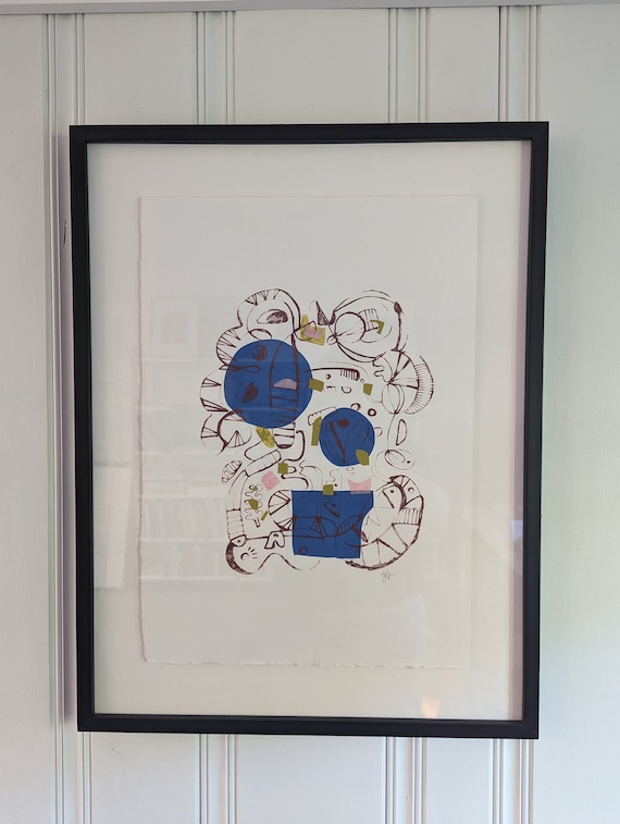 Framed Original Silkscreen Print - Self Portrait in Blue Buildings - Abstract Original Work on paper
