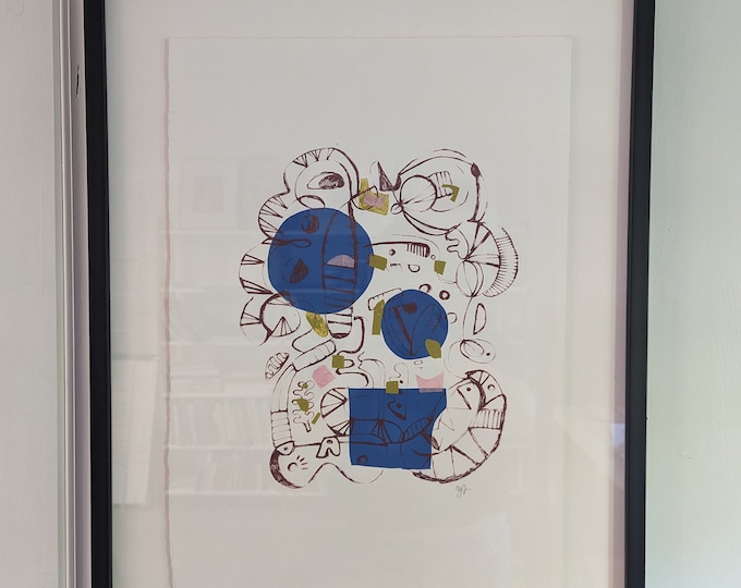 Framed Original Silkscreen Print - Self Portrait in Blue Buildings - Abstract Original Work on paper