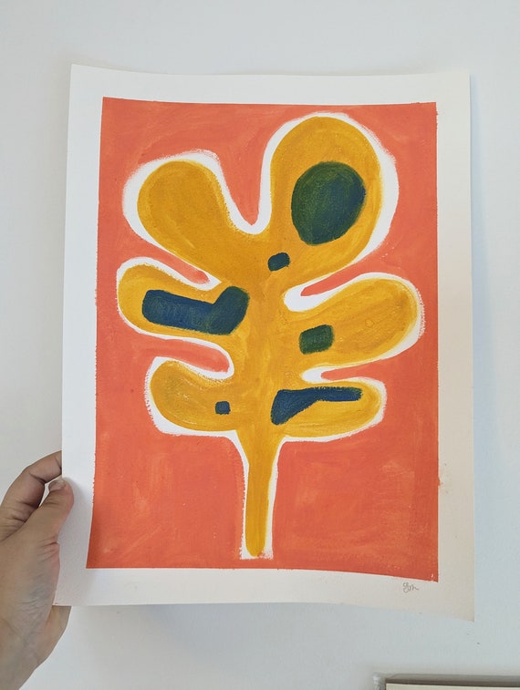 Original Painting- The Amoeba Leaf in Pink & Gold - Abstract Original Art Oil on Paper
