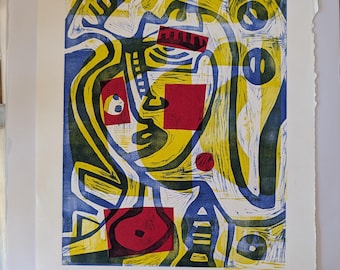 Unique Woodblock Print - Printmaking Abstract Face Paper Original Art on Paper