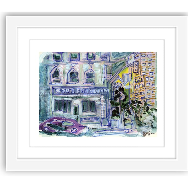 Print & Framed - Tom's Restaurant - Upper West Side Morningside Heights Manhattan Mixed Media Collage and Watercolor New York City Street
