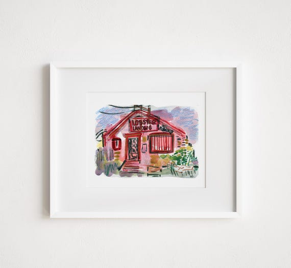 Lobster Landing in Connecticut Illustration - Print and Framed - New England Urban Watercolor Sketch Travel America