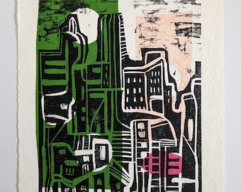 Woodblock Chine Colle Print: Abstract Cityscape Art