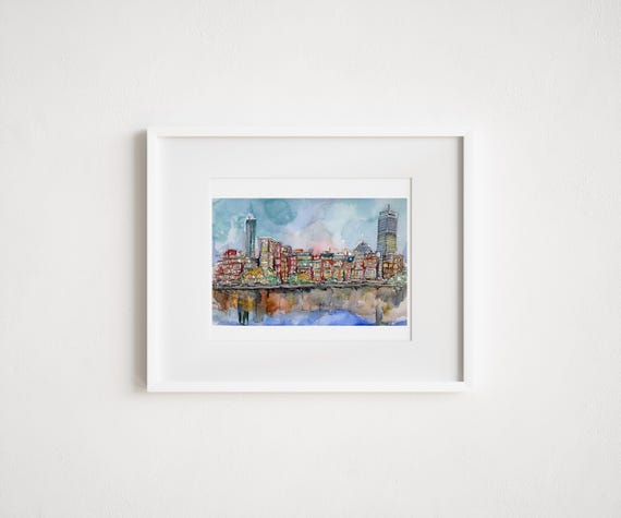 Print and Framed - Print Back Bay Boston Watercolor Print - City Scene New England