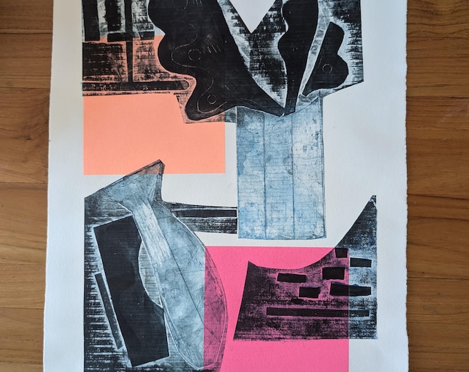 Original Collagraph Print - The Bouquet, My Fish - Printmaking Abstract Still Life Original Art on Paper