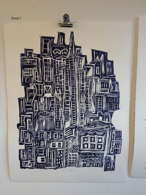 Original Woodcut Triptych Series - City Blues Abstract City