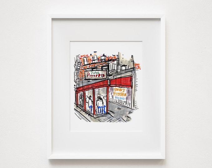 John's Pizzeria Print: Bleeker Street, NYC Watercolor Sketch
