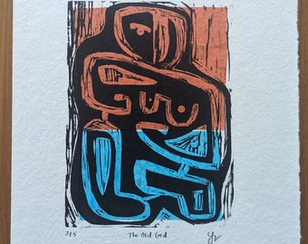 Original Woodblock Chine Colle Print  - The Old God 2 of 5 - Printmaking on Paper - Abstract Illustrative City in Shapes