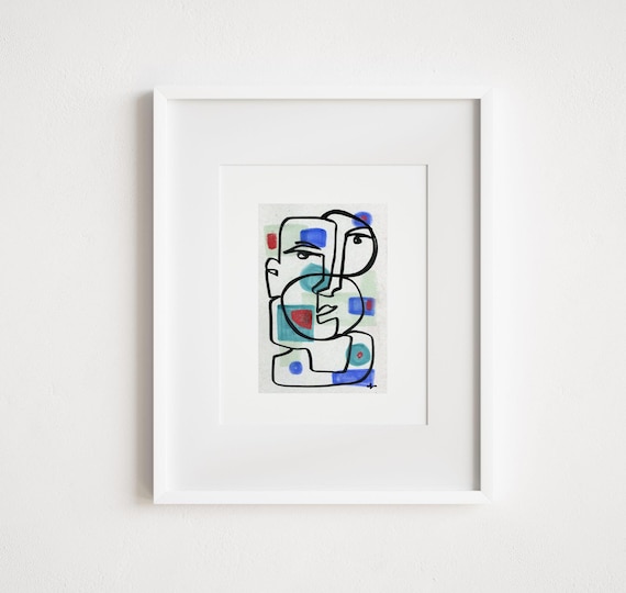 Abstract Illustration Facing Forward - Print and Framed - Modern Watercolor Mixed Media Line Art Face