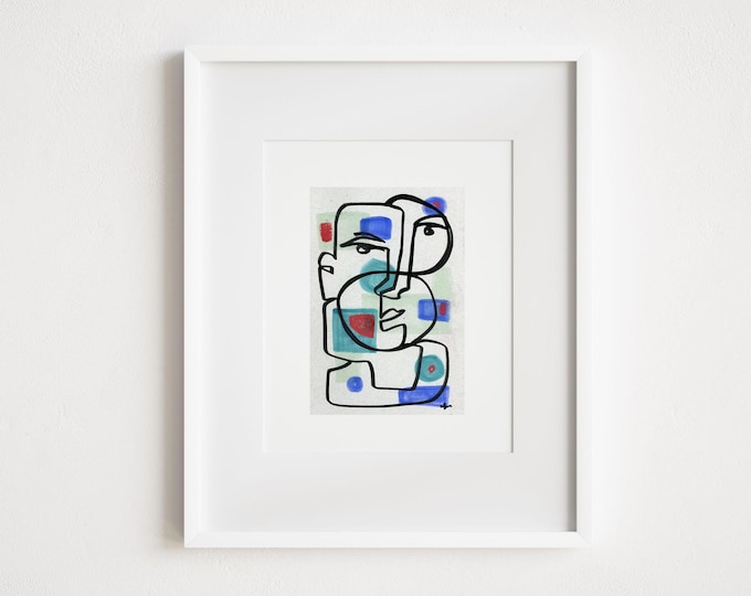 Abstract Illustration Facing Forward - Print and Framed - Modern Watercolor Mixed Media Line Art Face