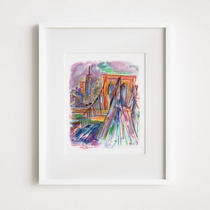 Brooklyn Bridge New York City View Print - Watercolor Illustration of New York City Brooklyn Manhattan East River Bridge