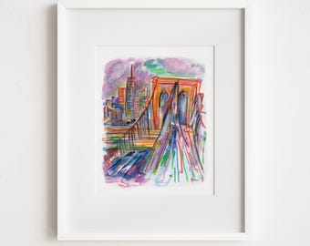 Brooklyn Bridge Watercolor Print: NYC Skyline Art