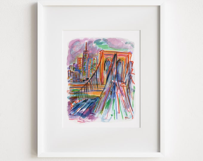 Brooklyn Bridge Watercolor Print: NYC Skyline Art