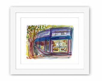 Kupels in Brookline MA Watercolor - Print and Framed - Painting Illustration New England City Boston Urban Sketch