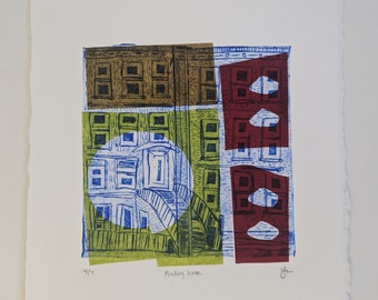 Original Intaglio and Chine Colle Print  - Finding Home 4 of 7 - Printmaking on Paper - Abstract Illustrative City in Shapes