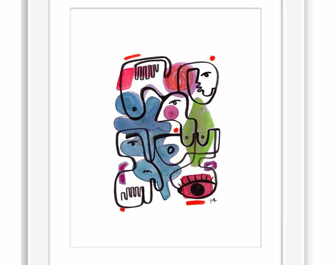 Abstract Faces Watercolor Print: Retro Mid-Century Modern Art