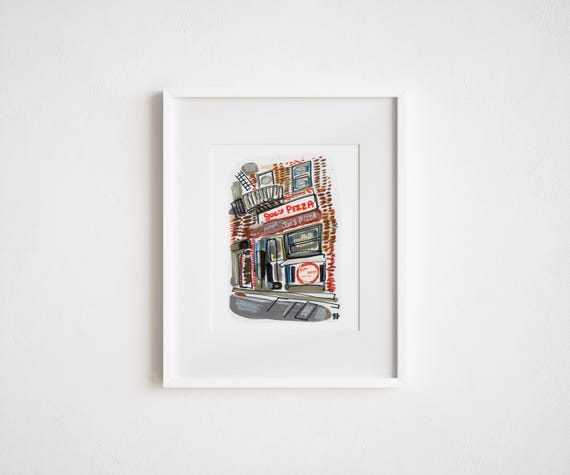 Joe's Pizza on Carmine Street in Village - Print and Framed - Watercolor New York City Urban Sketch Classic Pizza