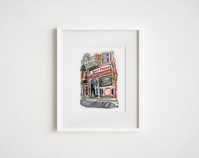 Joe's Pizza Watercolor Print: Carmine Street, NYC Urban Sketch