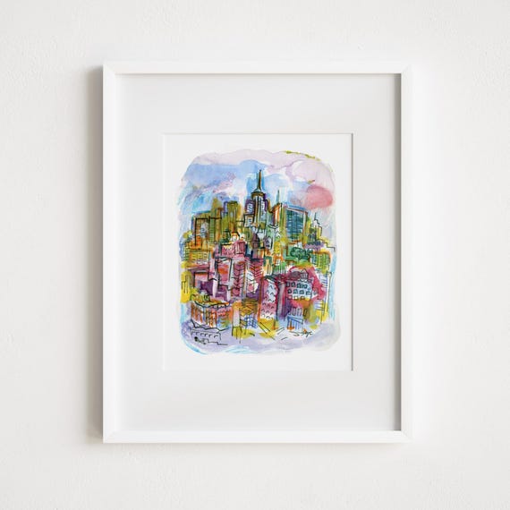 NYC Watercolor Skyline Print: Manhattan Midtown Art