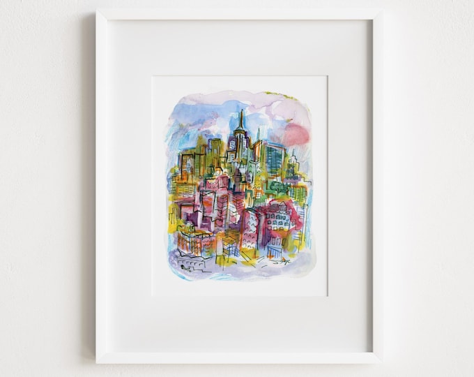 NYC Watercolor Skyline Print: Manhattan Midtown Art