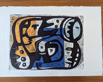 Original Woodcut Print: Abstract Faces, Blue-Black Ink Chine Collé