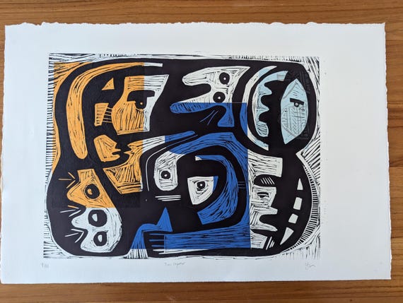 Original Woodcut in Blue-Black Ink with Chine Collé - Time Together  4/11 - Printmaking Abstract Faces Paper Original Art on Paper