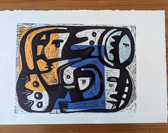 Original Woodcut Print: Abstract Faces, Blue-Black Ink Chine Collé