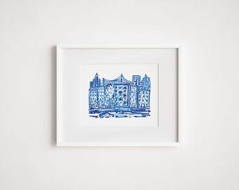 Imagined New York City Block: Blue Ink Urban Ink Sketch